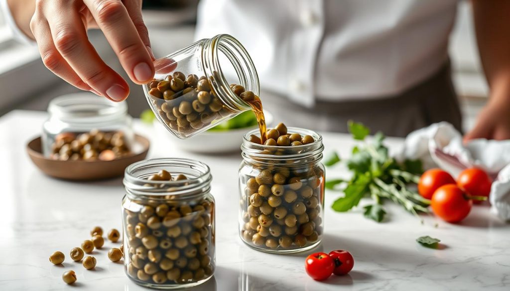 Decanting capers into wider jars