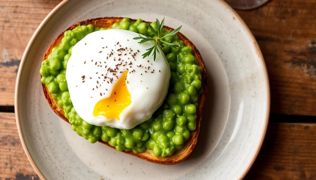 Smashed peas on toast with poached egg