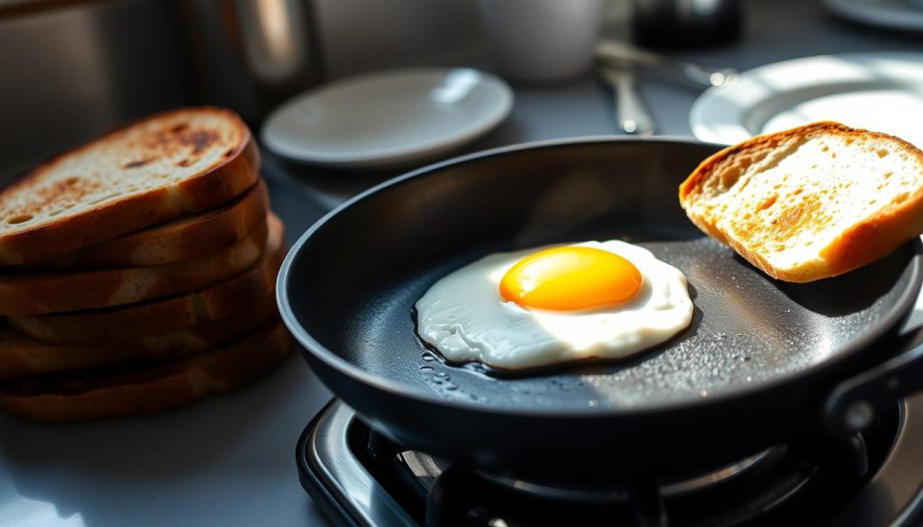 cooking eggs for breakfast sandwich